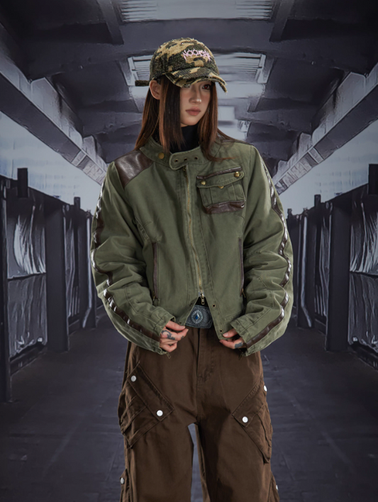 Millennium Y2K Retro Street Cropped Stand Collar Faux Leather Padded Jacket (Women)