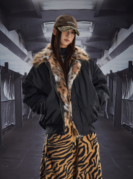 Leopard Faux Fur Collar Cropped Oversized Padded Jacket