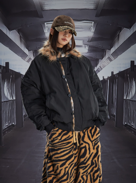 Leopard Faux Fur Collar Cropped Oversized Padded Jacket