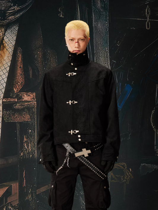 Embroidered Baroque Stand Collar Buckle Cropped Jacket (Spring/Fall)