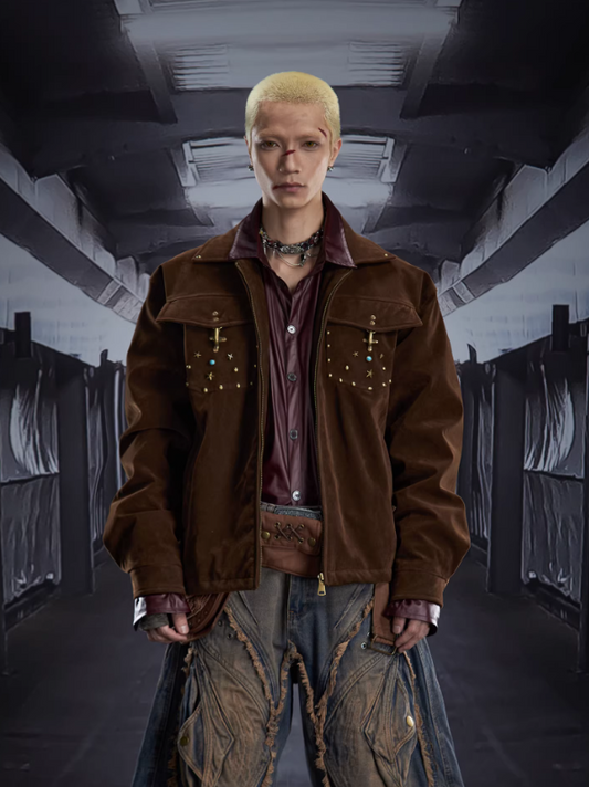 Custom Flocked Studded Statement Collar Cropped Puffer Jacket