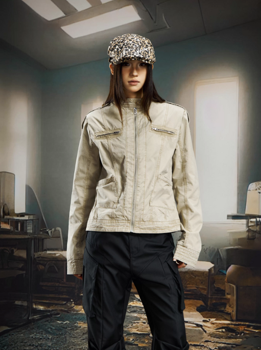 American Vintage Washed Structured Cropped Slim Fit Stand Collar Zip Jacket (Women)