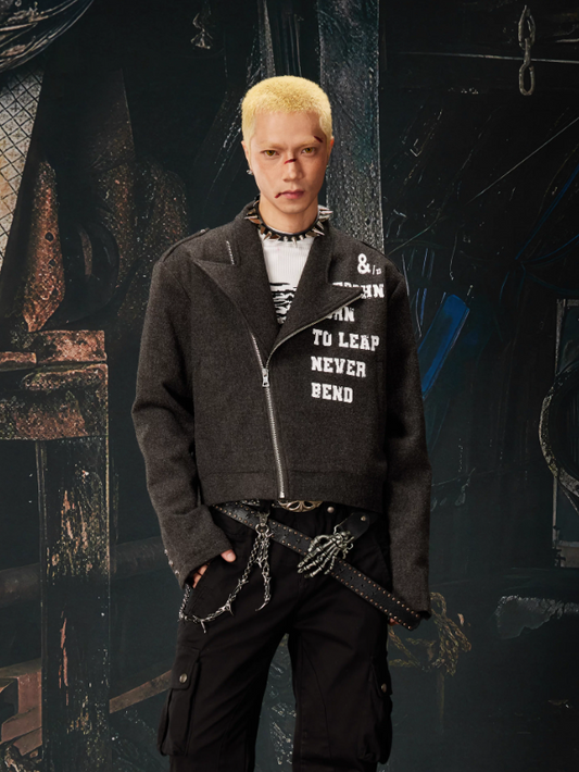 Graphic Lapel Cropped Oversized Asymmetric Zip Jacket (Unisex)