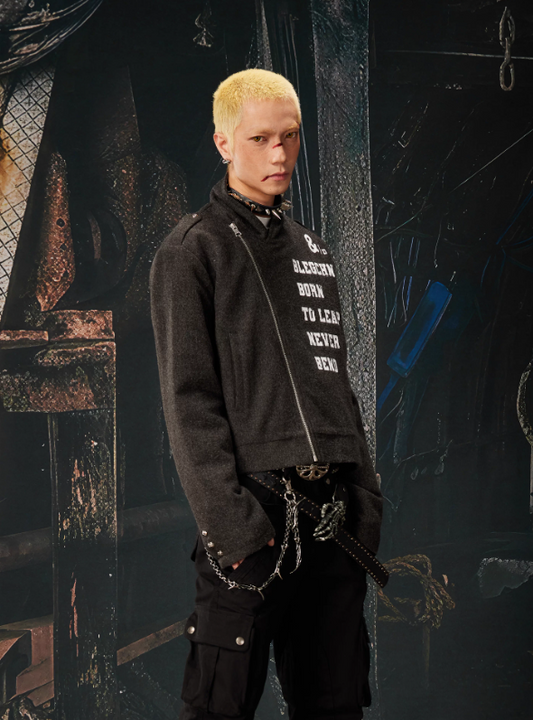 Graphic Lapel Cropped Oversized Asymmetric Zip Jacket (Unisex)