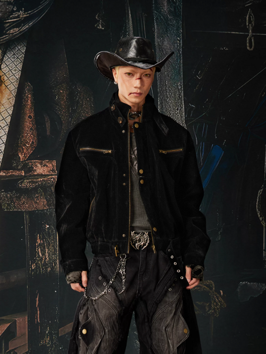 Flocked Deconstructed Placket Zip & Snap Stand Collar Cropped Jacket (Unisex)