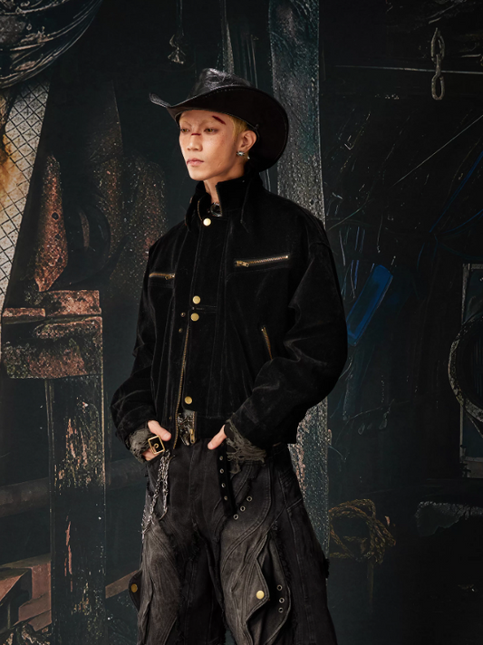 Flocked Deconstructed Placket Zip & Snap Stand Collar Cropped Jacket (Unisex)