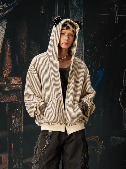 Adjustable Wire-Ear Detail Oversized Striped Zip-Up Hoodie (Unisex)