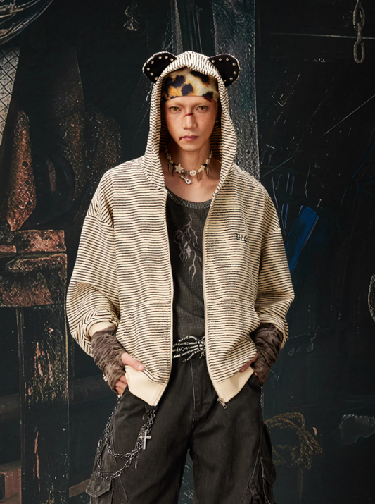 Adjustable Wire-Ear Detail Oversized Striped Zip-Up Hoodie (Unisex)