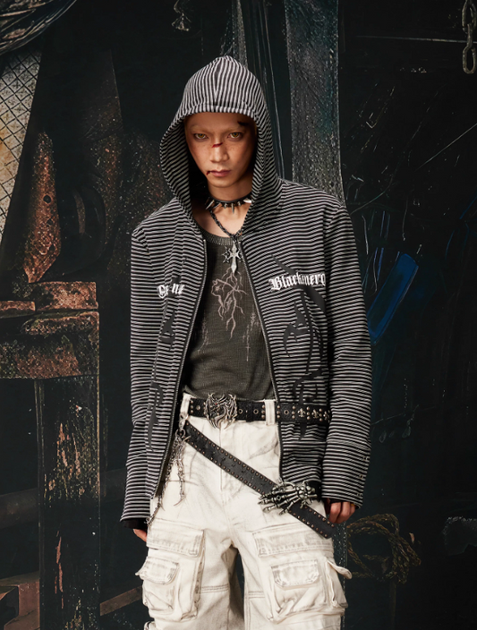 Y2K Punk Striped Graphic Slim Cropped Zip-Up Hooded Sweatshirt Jacket