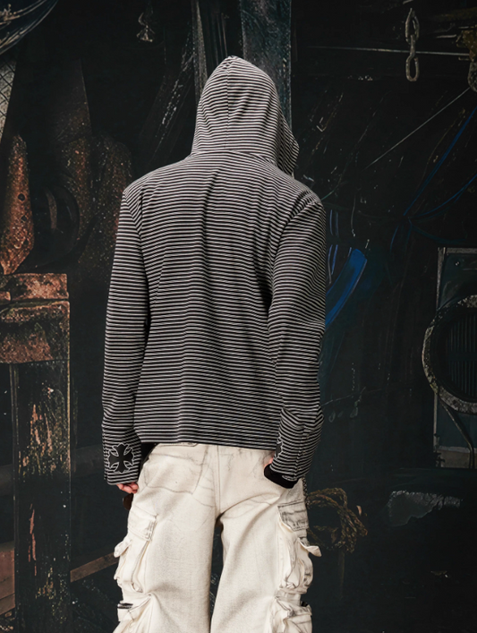 Y2K Punk Striped Graphic Slim Cropped Zip-Up Hooded Sweatshirt Jacket