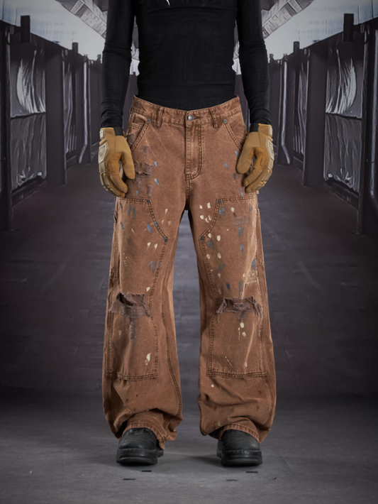 Heavy Washed Hand-Painted Graffiti American Vintage Utility Pants