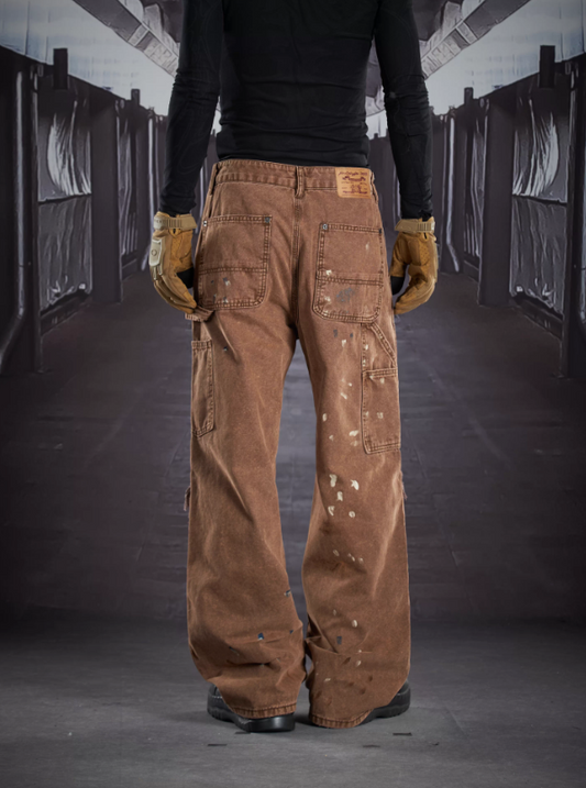 Heavy Washed Hand-Painted Graffiti American Vintage Utility Pants