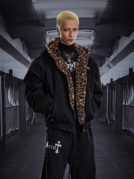 Leopard Faux Suede Y2K Oversized Hooded Padded Winter Jacket