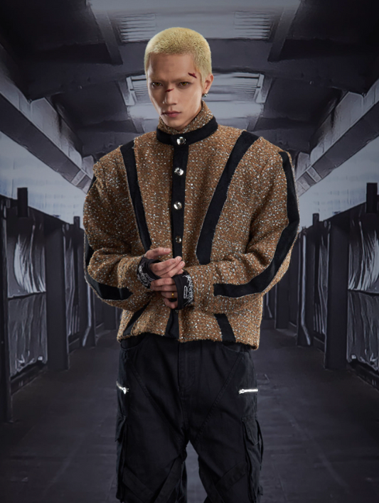 Cut-Out Deconstructed Patchwork Starry Stand Collar Padded Jacket