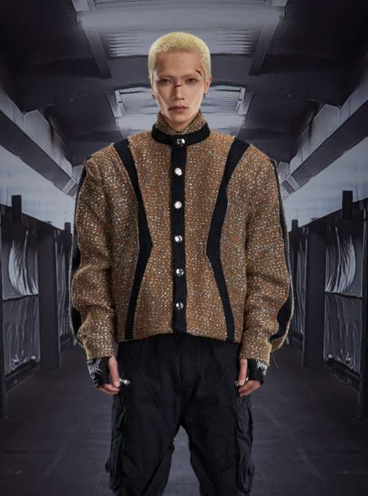 Cut-Out Deconstructed Patchwork Starry Stand Collar Padded Jacket