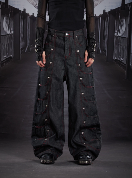 Heavy Deconstructed Studded Stitch Detail Oversized Straight-Leg Denim Pants (Unisex)