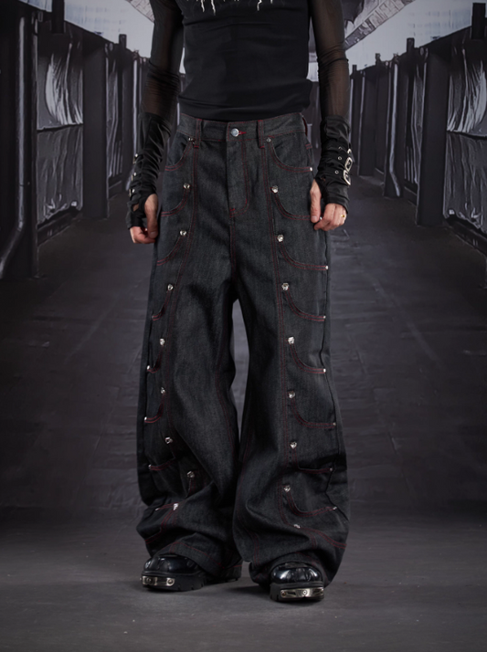 Heavy Deconstructed Studded Stitch Detail Oversized Straight-Leg Denim Pants (Unisex)