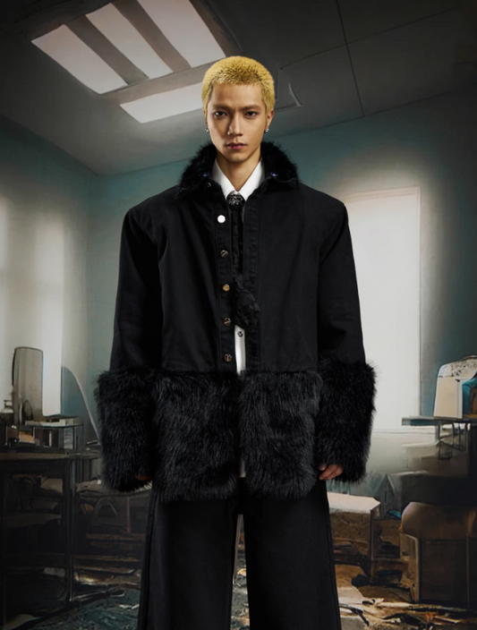 Niche Patchwork Faux Fur Padded Denim Jacket & Straight-Leg Denim Pants