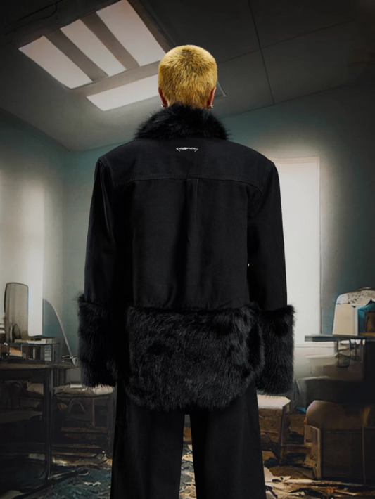 Niche Patchwork Faux Fur Padded Denim Jacket & Straight-Leg Denim Pants