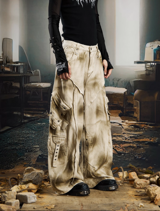 Artisan Ink-Splashed Washed Utility Multi-Pocket Denim Pants