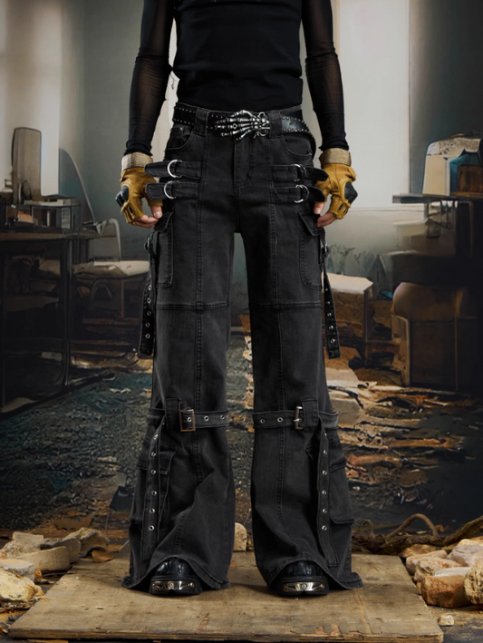 Dark Y2K Deconstructed Ribbon Detail Slight Flare Denim Pants (Unisex)