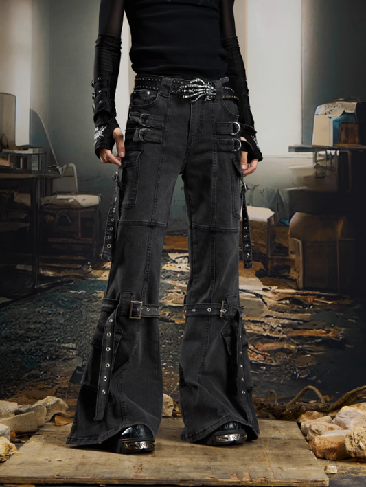 Dark Y2K Deconstructed Ribbon Detail Slight Flare Denim Pants (Unisex)