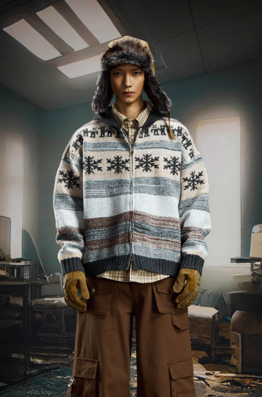 Snowflake Contrast Vintage Hooded Knit Zip Cardigan Sweater (Unisex, Wool)
