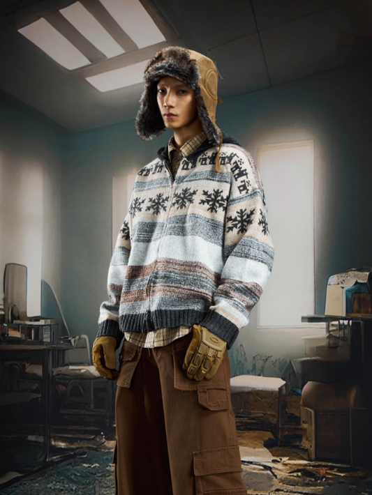 Snowflake Contrast Vintage Hooded Knit Zip Cardigan Sweater (Unisex, Wool)