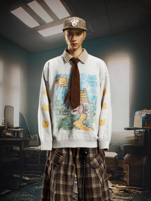 “Childhood Drawings” Oversized Relaxed Lightweight Knit Crewneck Sweater (Unisex)