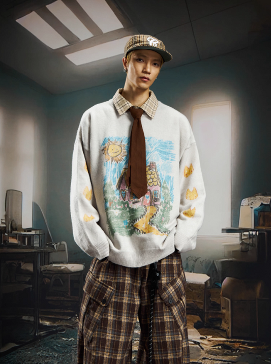 “Childhood Drawings” Oversized Relaxed Lightweight Knit Crewneck Sweater (Unisex)
