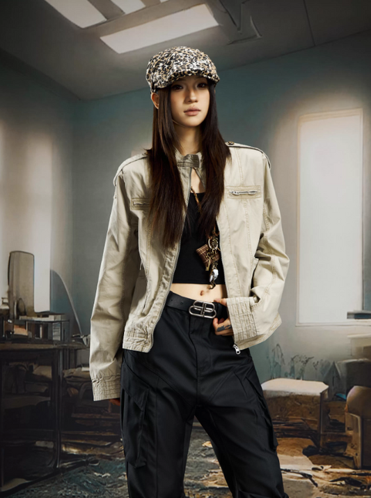 American Vintage Washed Structured Cropped Slim Fit Stand Collar Zip Jacket (Women)