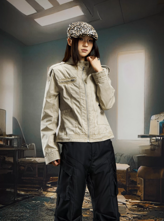 American Vintage Washed Structured Cropped Slim Fit Stand Collar Zip Jacket (Women)