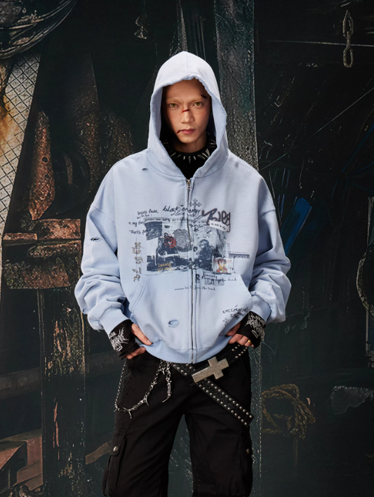 Y2K Punk Color-Block Graphic Distressed Oversized Zip-Up Hooded Sweatshirt