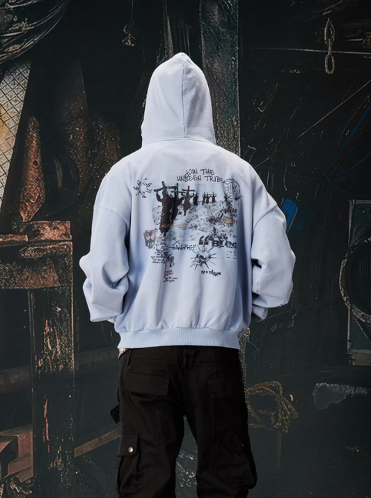 Y2K Punk Color-Block Graphic Distressed Oversized Zip-Up Hooded Sweatshirt