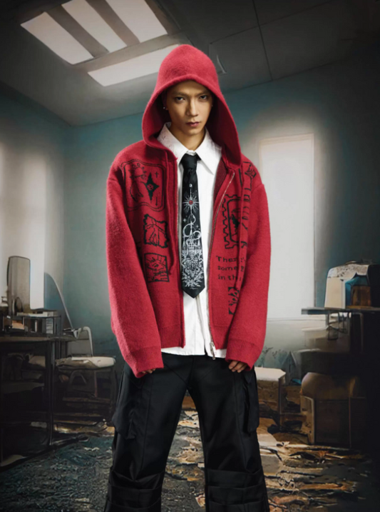 Contrast Thick Knit Zip-Up Hooded Sweater Oversized Lazy Streetwear Style