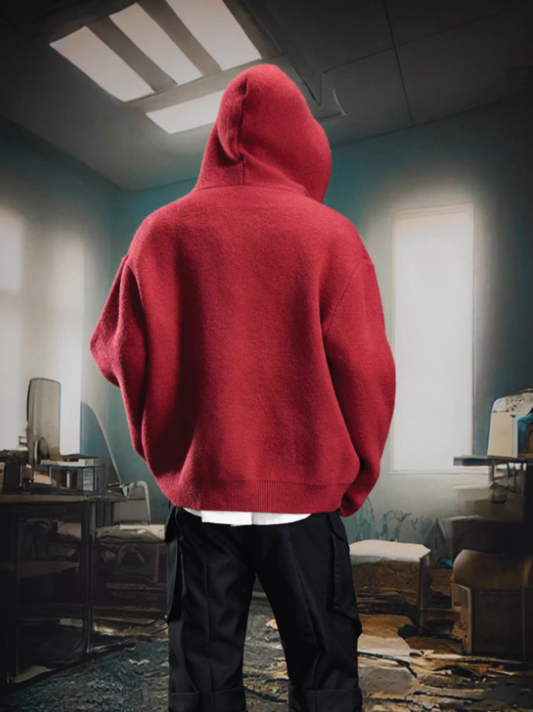 Contrast Thick Knit Zip-Up Hooded Sweater Oversized Lazy Streetwear Style