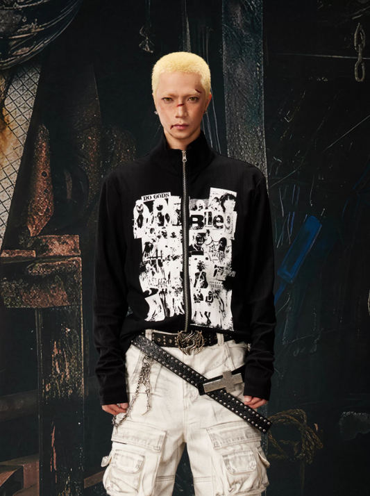 Light Y2K Street Graphic Slim Fit Stand Collar Zip-Up Sweatshirt Long Sleeve Tee