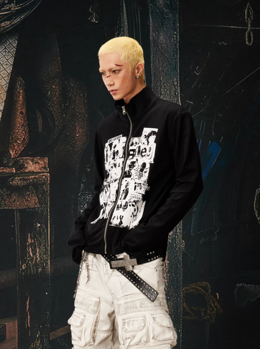 Light Y2K Street Graphic Slim Fit Stand Collar Zip-Up Sweatshirt Long Sleeve Tee