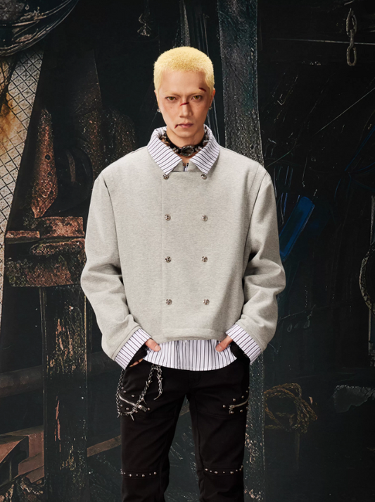 Deconstructed Faux Two-Piece Shirt Patchwork Double-Breasted Cropped Jacket (Unisex)