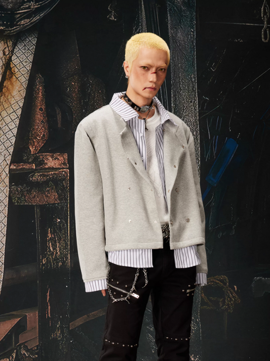 Deconstructed Faux Two-Piece Shirt Patchwork Double-Breasted Cropped Jacket (Unisex)