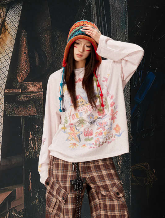 Colorful Graphic Oversized Lightweight Long Sleeve Crewneck T-Shirt (Unisex)