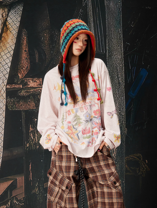 Colorful Graphic Oversized Lightweight Long Sleeve Crewneck T-Shirt (Unisex)