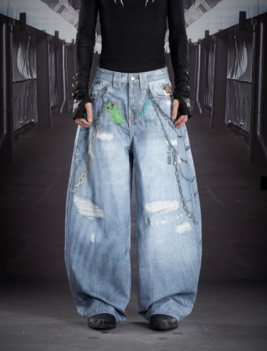 “Little Green Monster” 3D Printed Heavyweight Chain Detail Oversized Curved Leg Pants