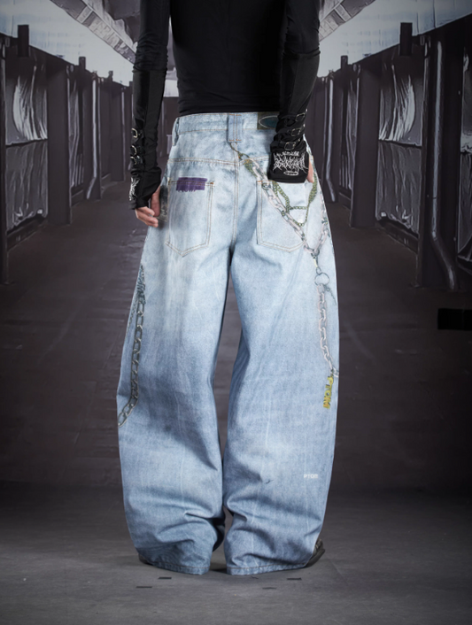 “Little Green Monster” 3D Printed Heavyweight Chain Detail Oversized Curved Leg Pants