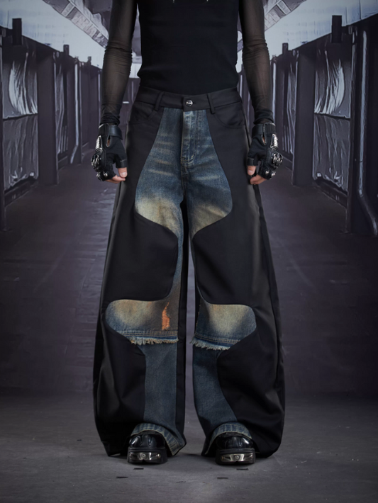 Deconstructed Washed Patchwork Denim Straight-Leg Suit Trousers (Unisex)