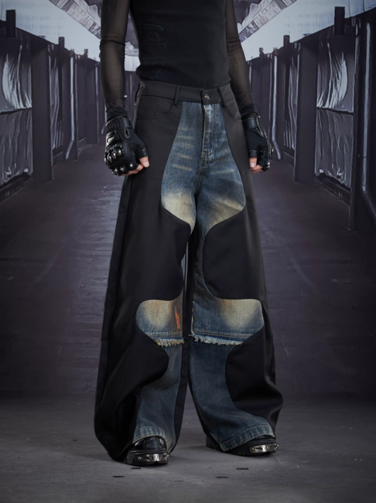 Deconstructed Washed Patchwork Denim Straight-Leg Suit Trousers (Unisex)