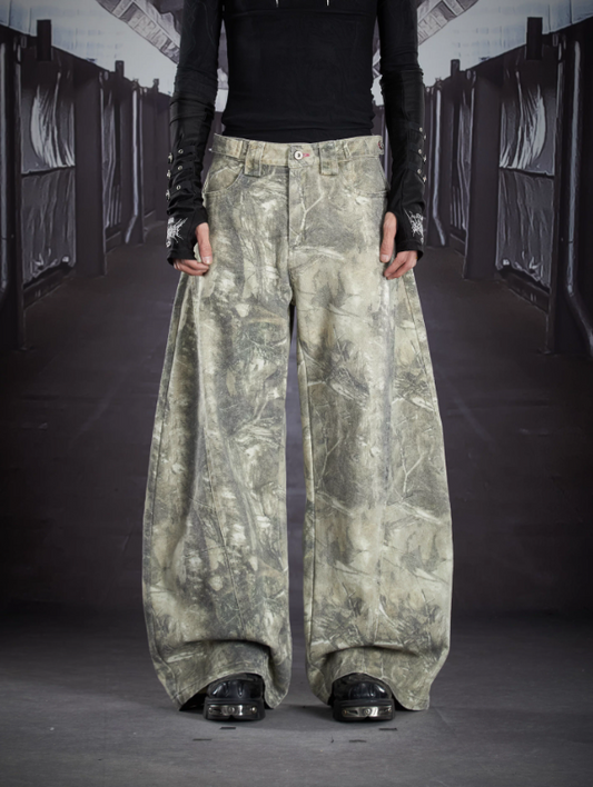 Contrast Embroidered Camouflage Oversized Curved Leg Utility Pants (Unisex)