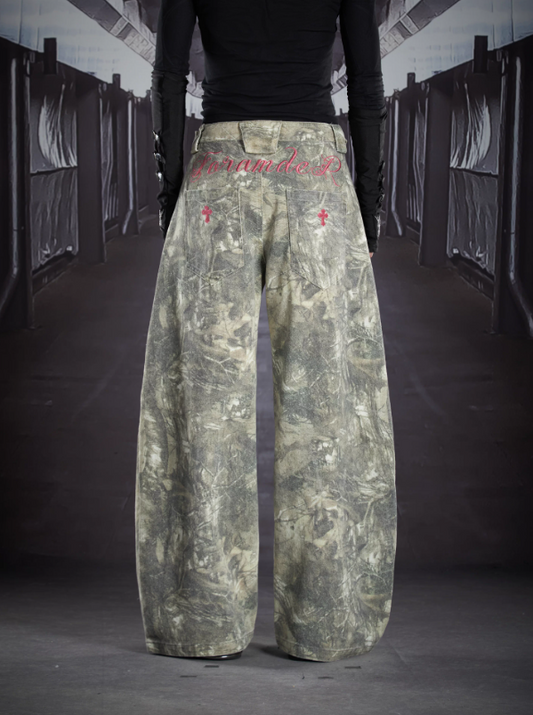 Contrast Embroidered Camouflage Oversized Curved Leg Utility Pants (Unisex)