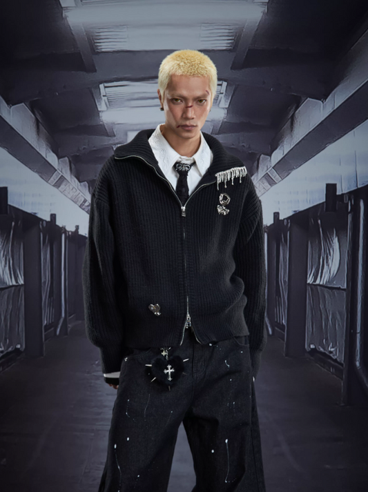 Metal Accent Stand Collar Zip-Up Knit Cardigan Oversized Warm Sweater (Unisex)