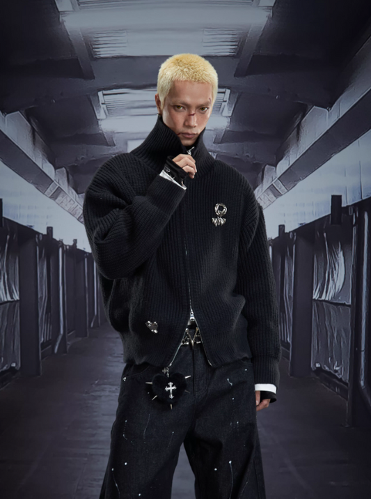 Metal Accent Stand Collar Zip-Up Knit Cardigan Oversized Warm Sweater (Unisex)